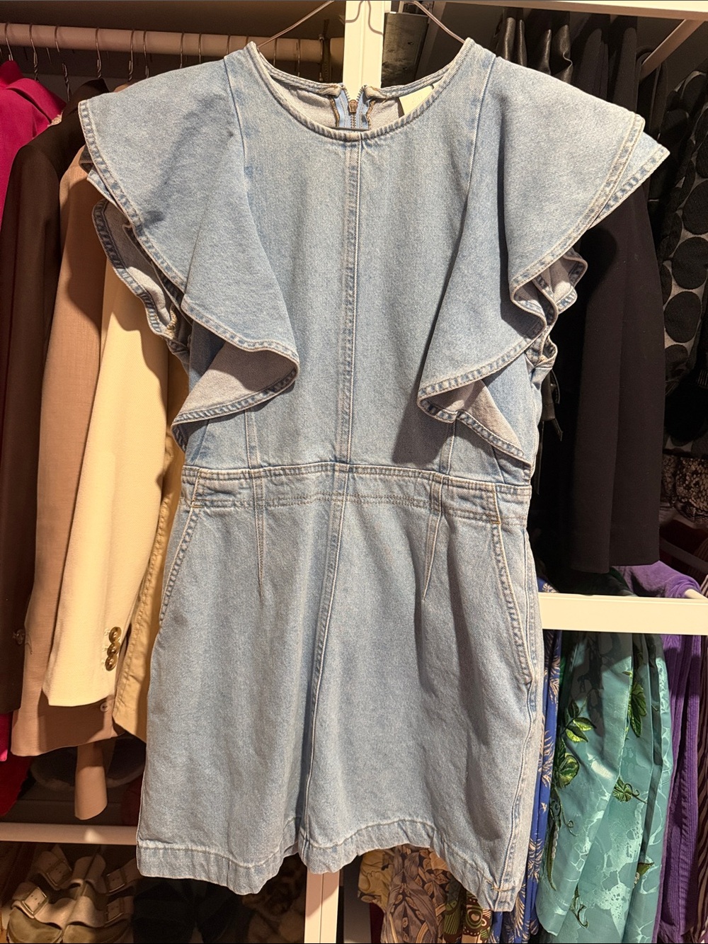 Light Wash Denim mini dress  with Ruffle Shoulders